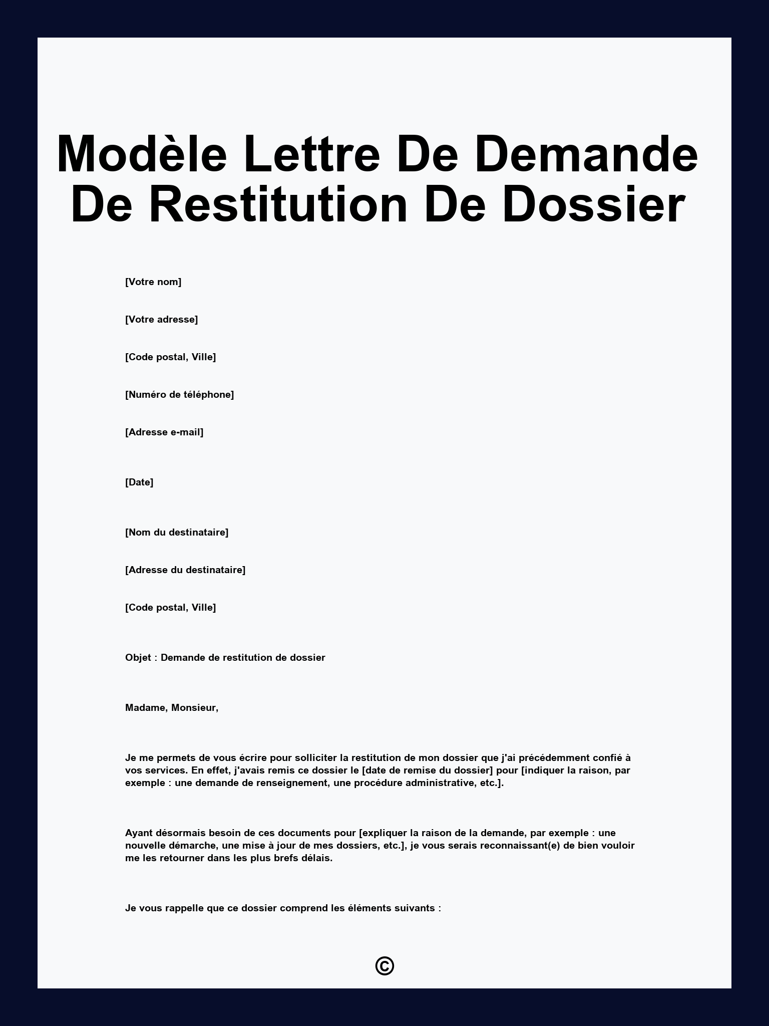 Modèle Lettre De Demande De Restitution De Dossier